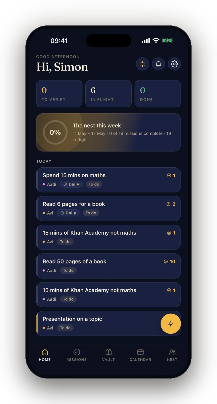 The FamOwl app home screen showing a family's daily missions and weekly progress