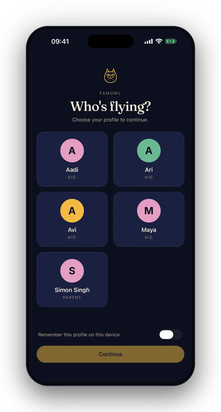 FamOwl profile picker showing each kid in the family